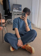 水藍間條短袖上衣 男裝衫