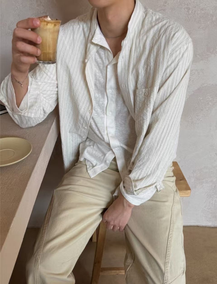 暗紋間條長袖襯衫