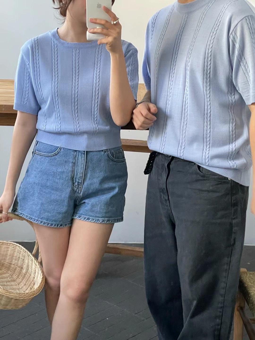 圓領韓系短袖上衣 - 韓國情侶裝