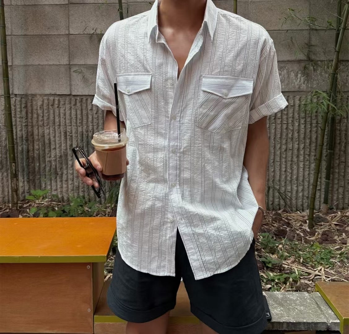 清爽間紋短袖襯衫