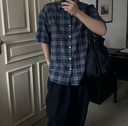 格仔拼色短袖襯衫 韓國男裝