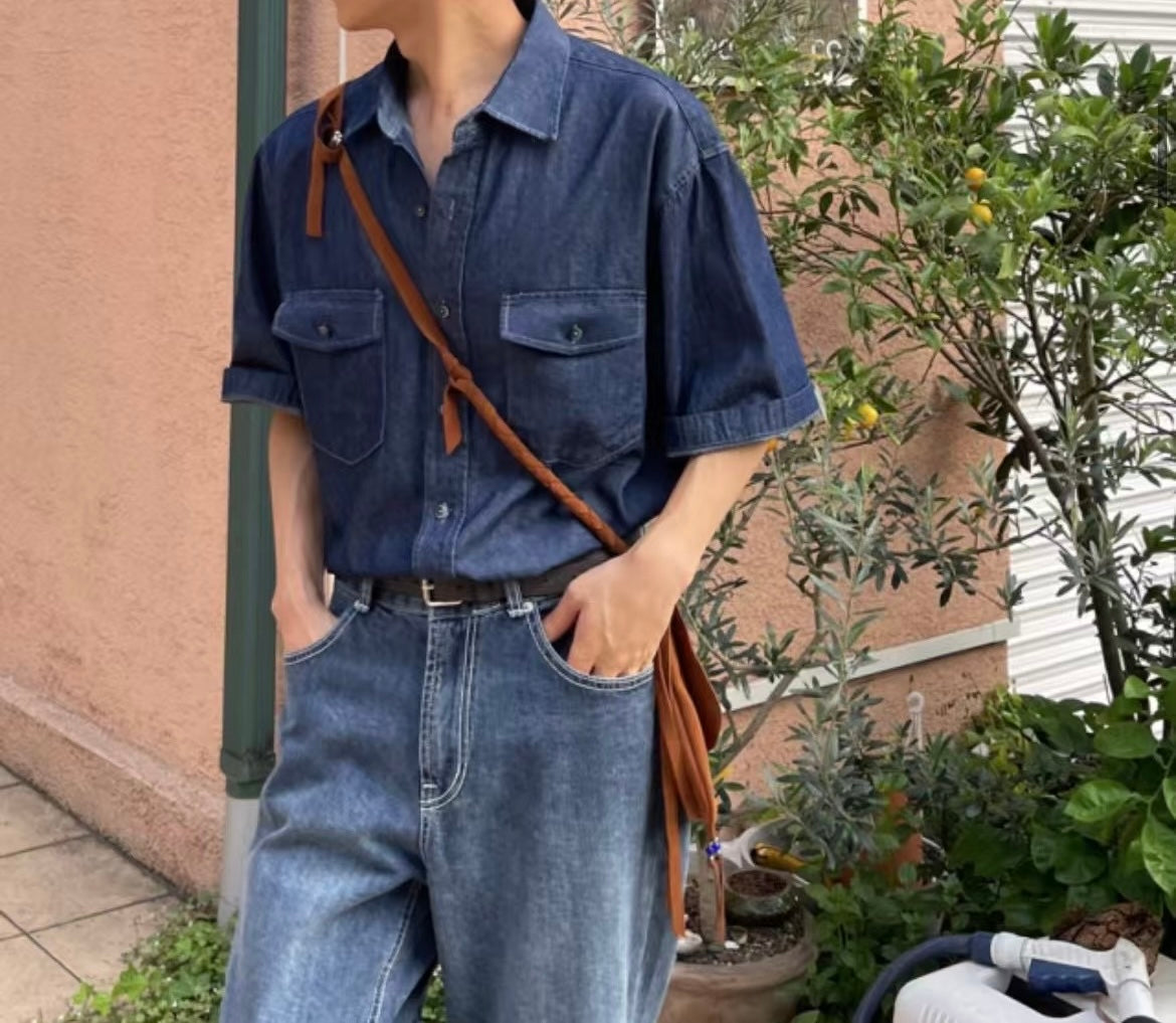 牛仔布短袖口袋襯衫