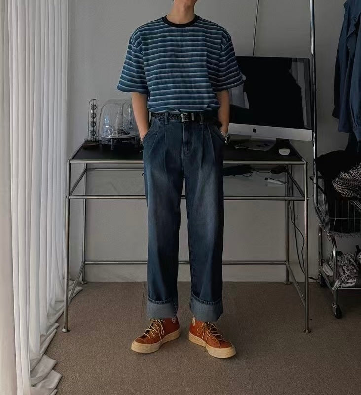 水藍間條短袖上衣 男裝衫