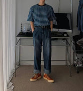 水藍間條短袖上衣 男裝衫