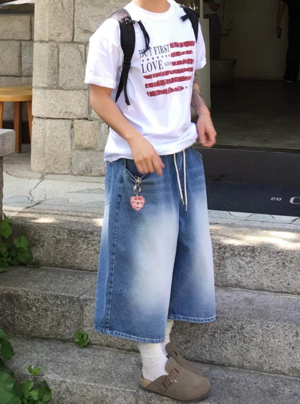 淺藍過膝牛仔短褲 韓國男裝 newbeige