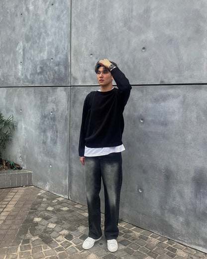 黑色水洗牛仔褲