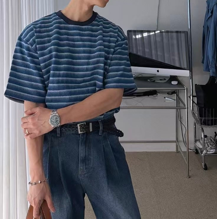 水藍間條短袖上衣 男裝衫