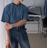 水藍間條短袖上衣 男裝衫