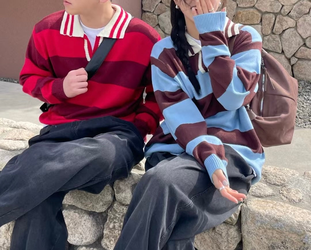 &lt;情侶裝系列&gt;拼色間條上衣