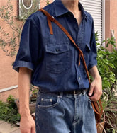 牛仔布短袖口袋襯衫