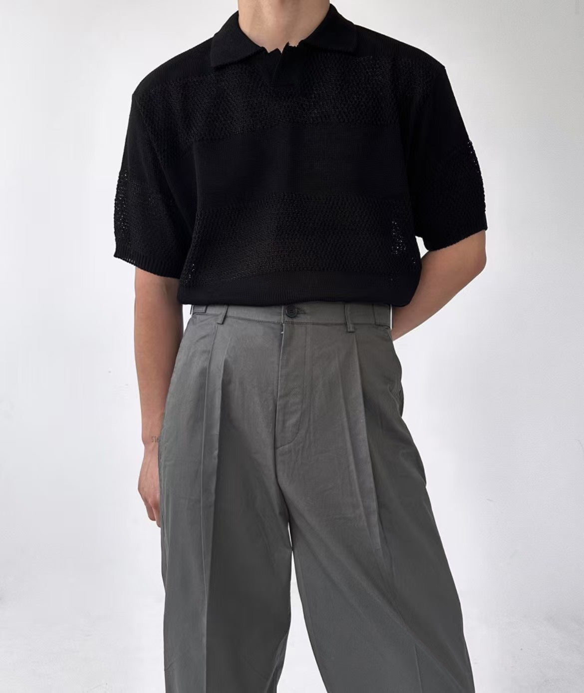 編織橫紋翻領短袖上衣