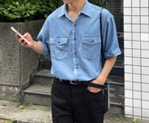 牛仔布短袖口袋襯衫