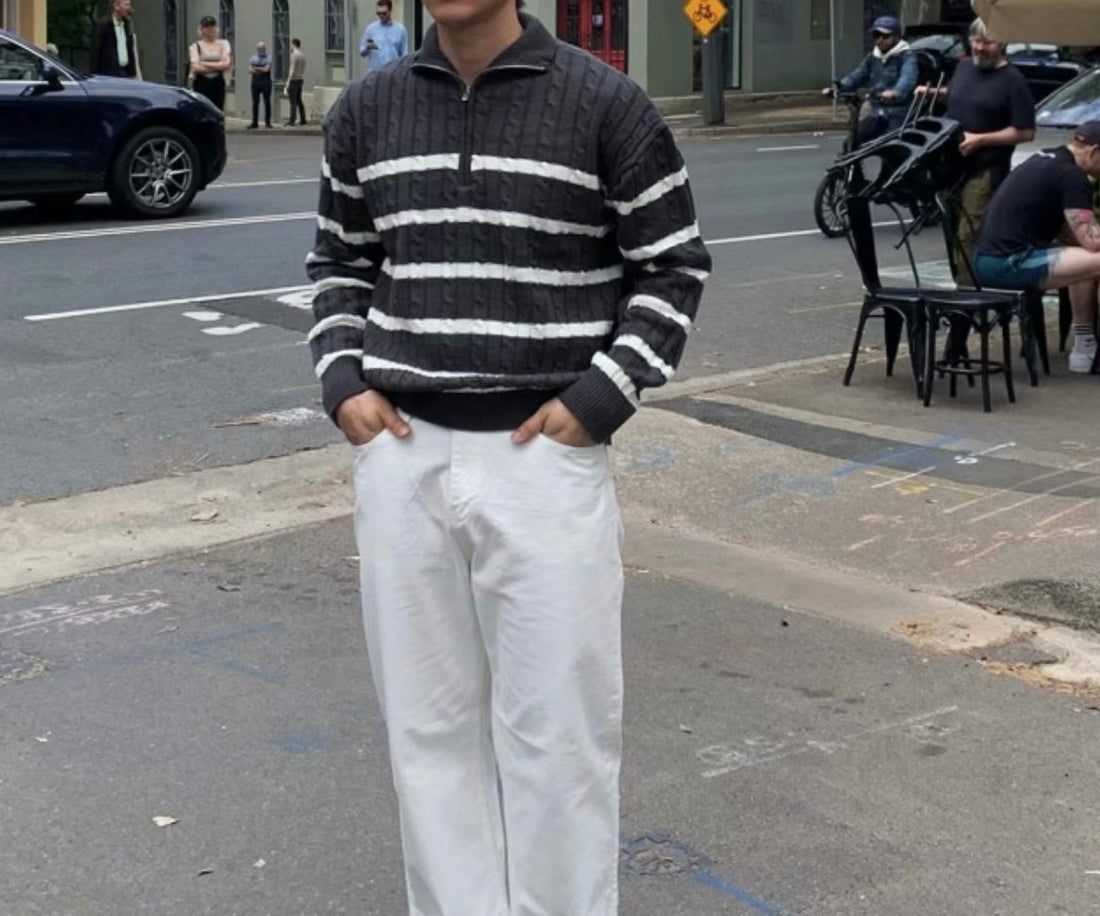 翻領拉鍊間條針織上衣