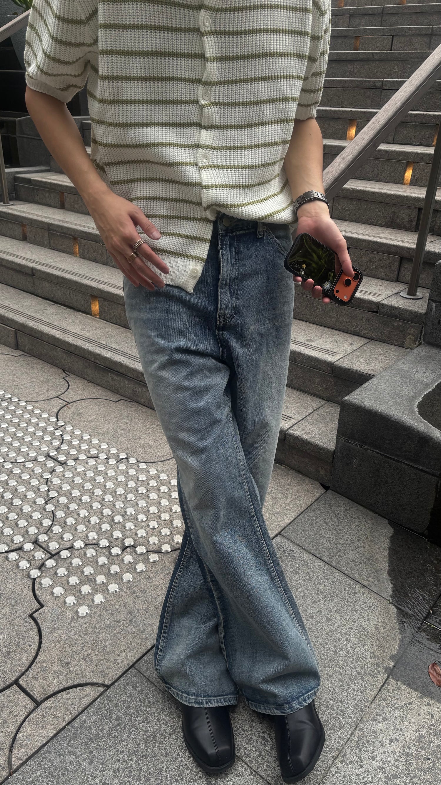 針織間條拼色短袖上衣
