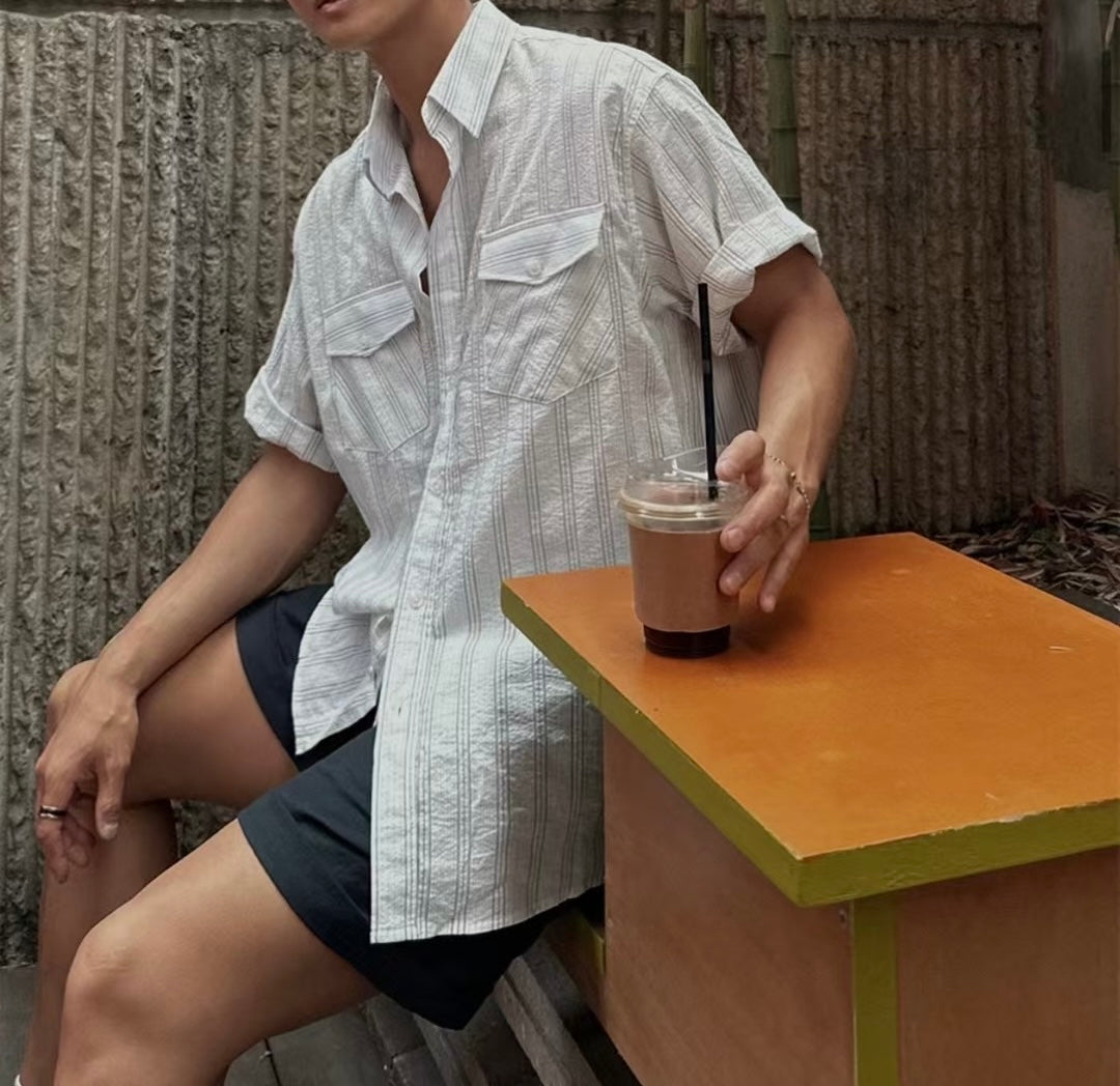 清爽間紋短袖襯衫