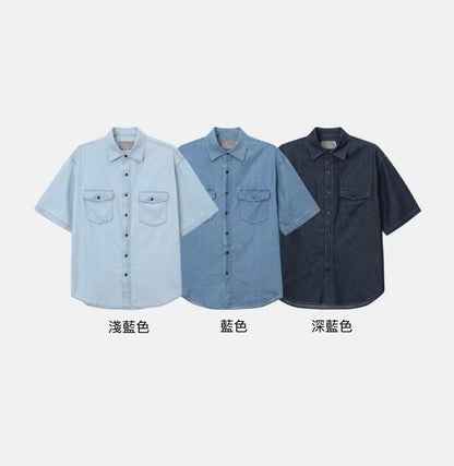 牛仔布短袖口袋襯衫