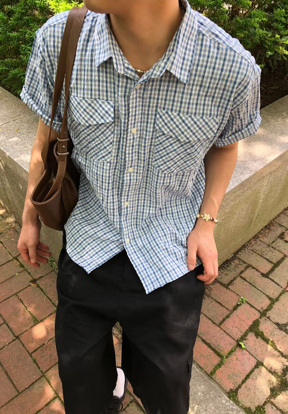海藍格仔短袖襯衫 韓國男裝 newbeige