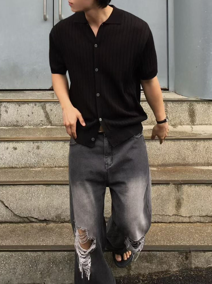 韓系細紋翻領短袖上衣