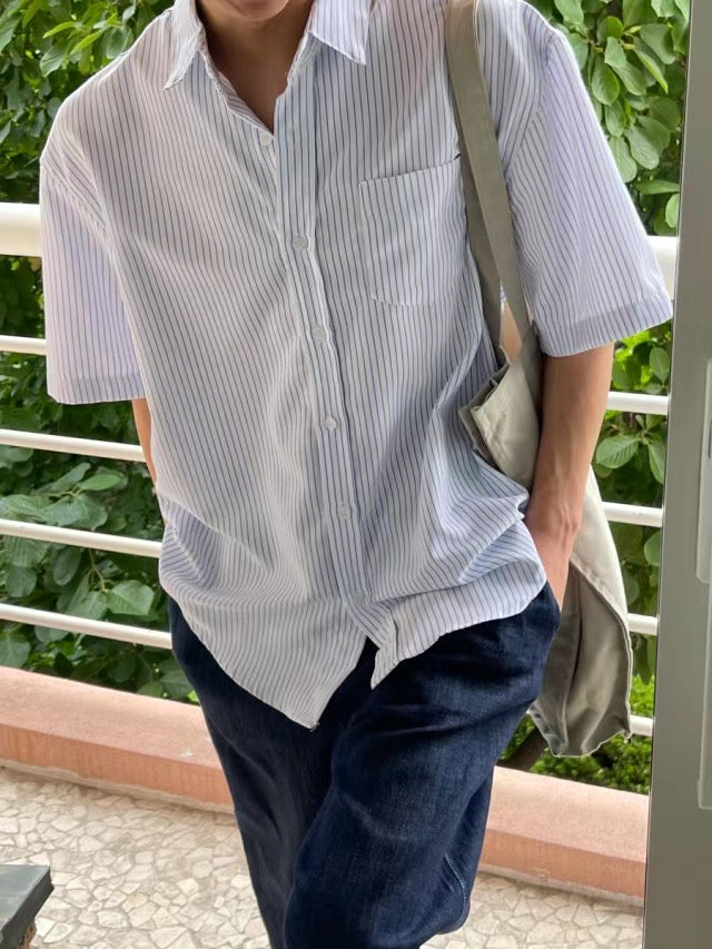 間條短袖襯衫