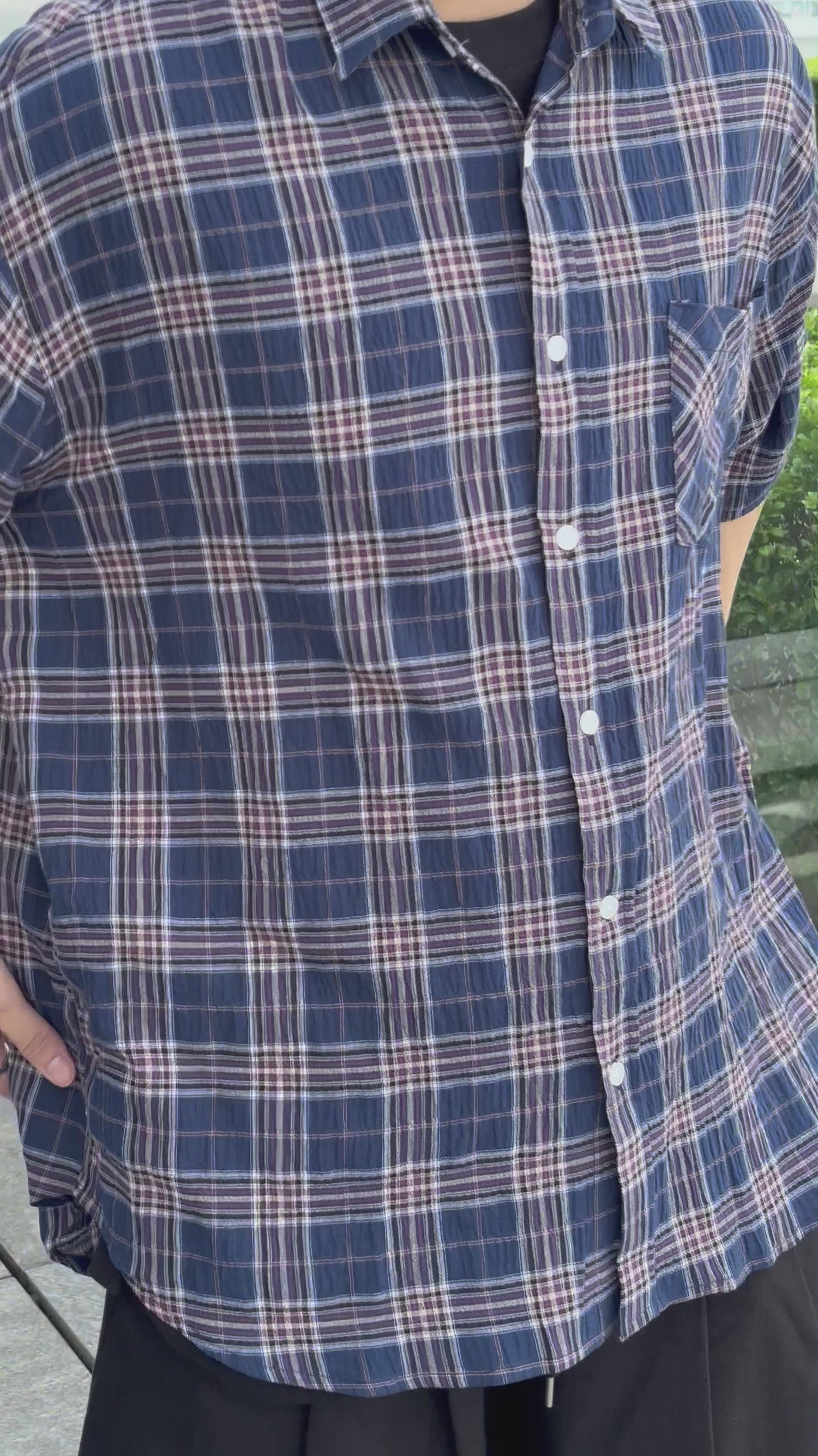 格仔拼色短袖襯衫