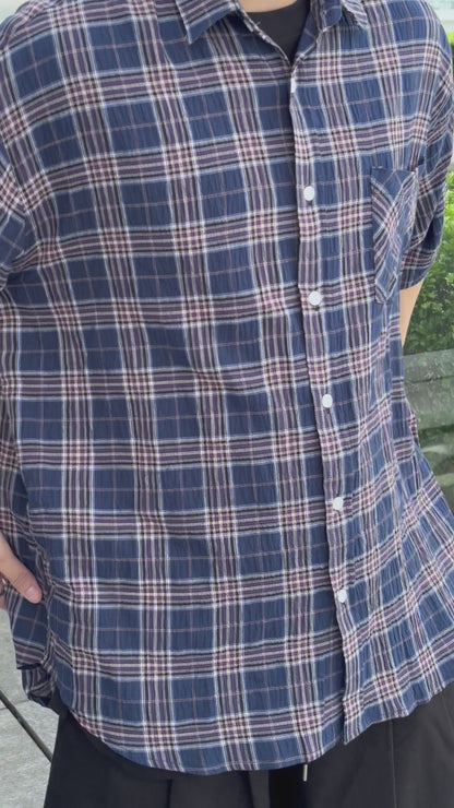 格仔拼色短袖襯衫