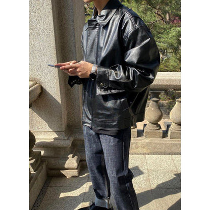 韓國男裝－黑色皮褸