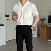 藍色短袖襯衫Blue Short Sleeves Shirt－韓國男裝