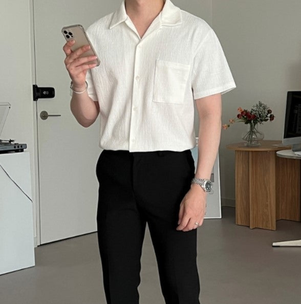 藍色短袖襯衫Blue Short Sleeves Shirt－韓國男裝