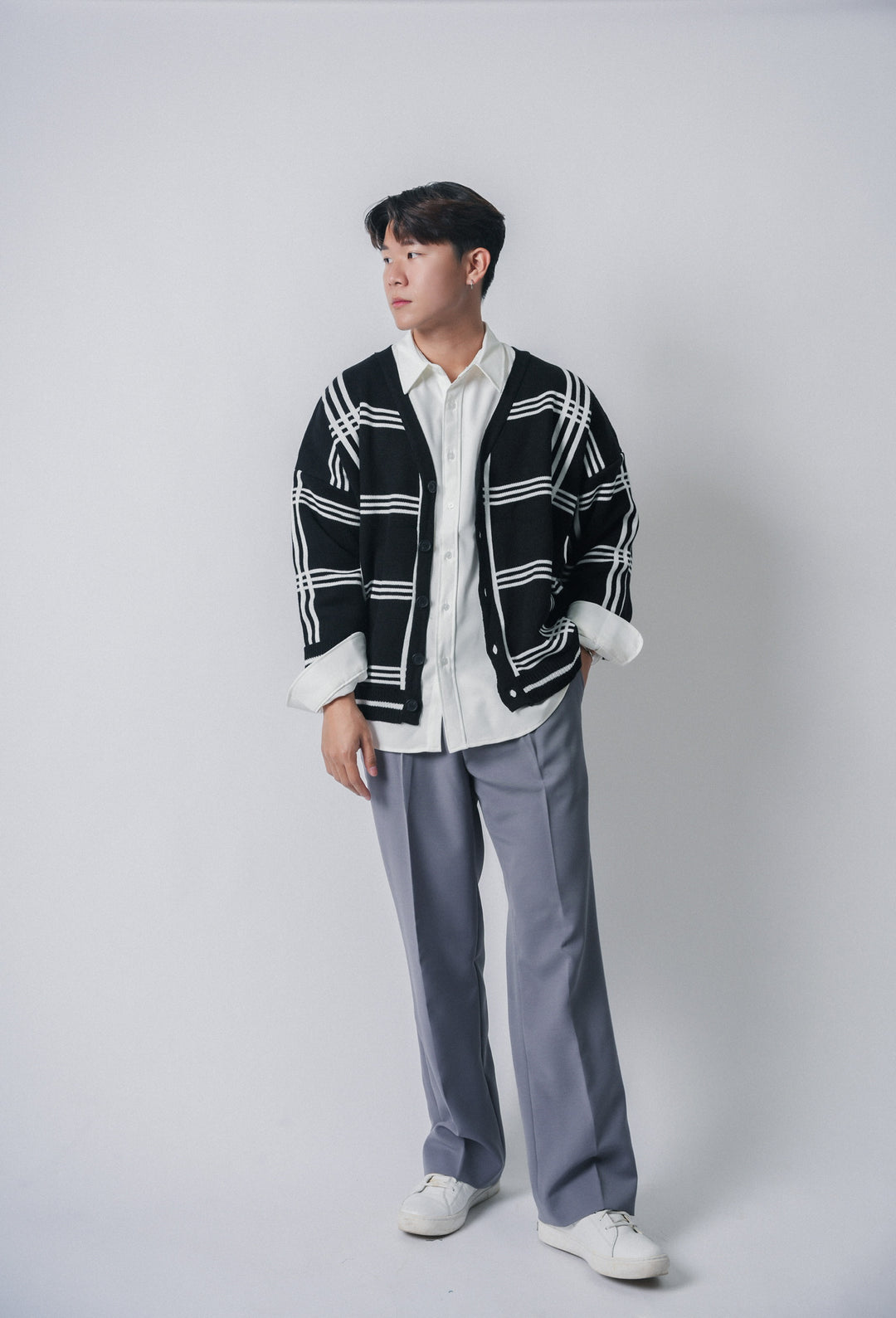 黑色橫格紋外套Checked Cardigan in Black- 韓國男裝