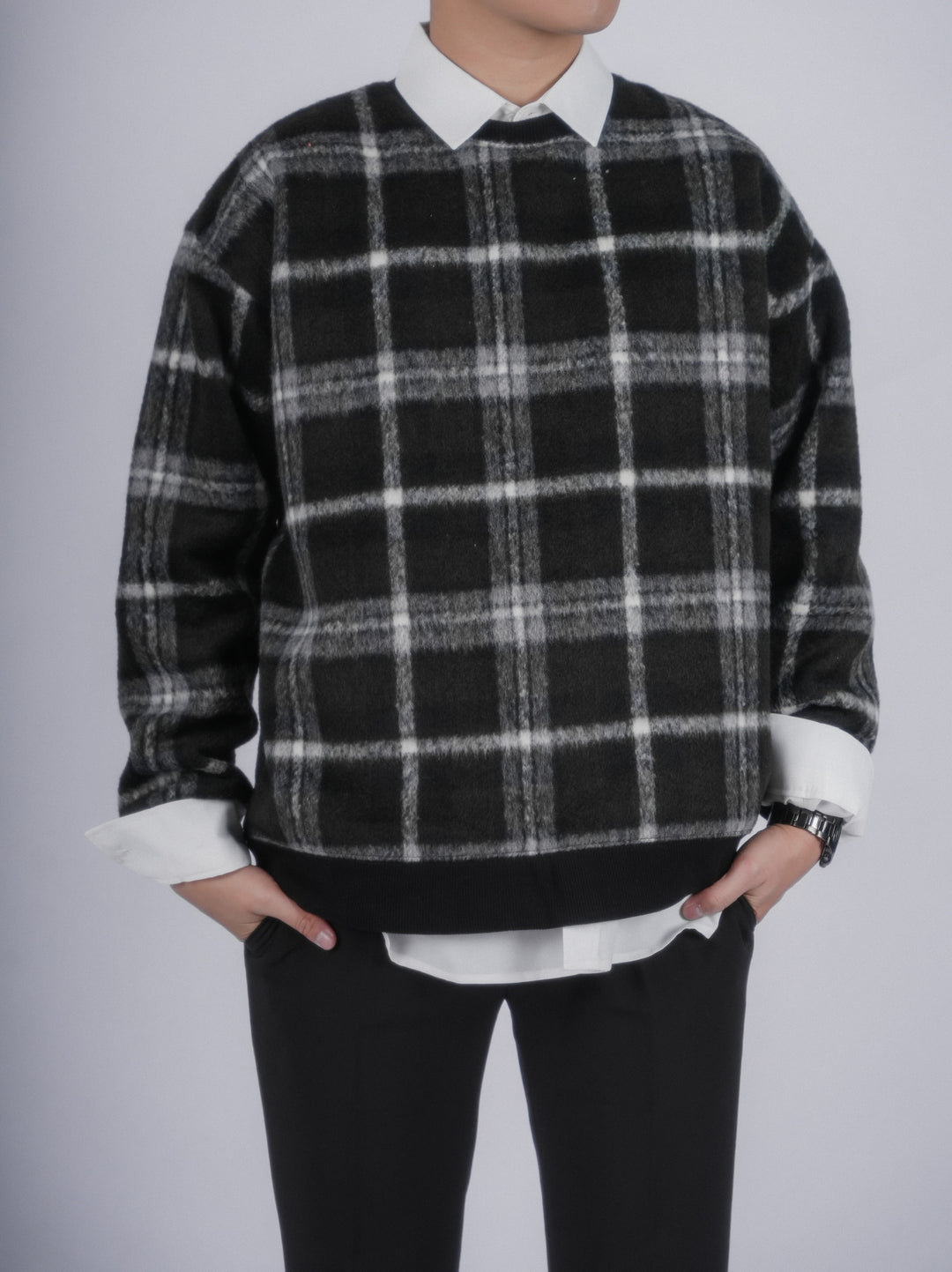 黑絨格仔上衣Checked Top In Black－韓國男裝
