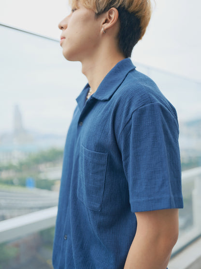 藍色短袖襯衫Blue Short Sleeves Shirt－韓國男裝