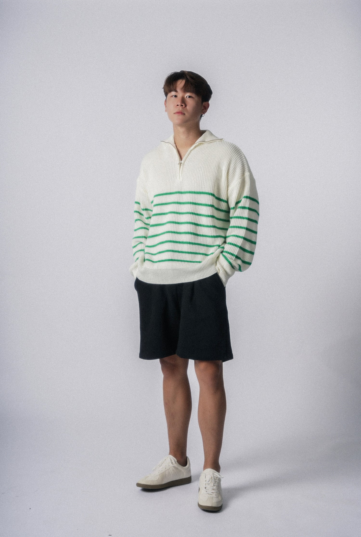 間條拉鍊領口毛衣－韓國男裝