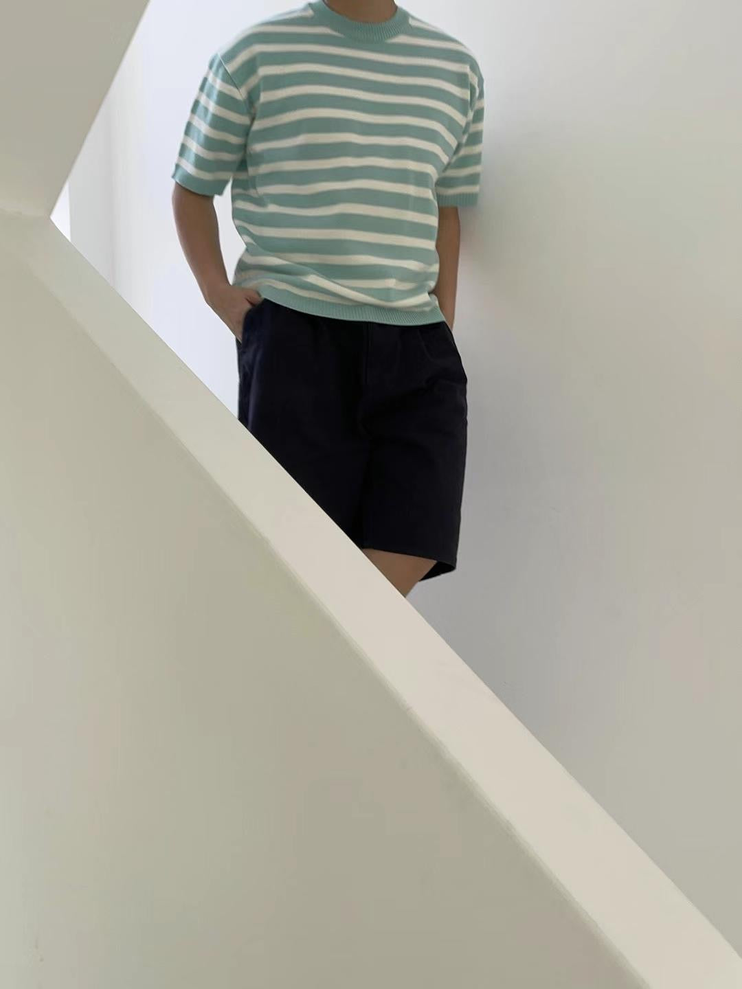 針織間條短袖上衣Stripe Knit Top - 韓國男裝