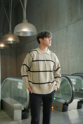 米色格紋拉鍊上衣Check Knit Jumper in Beige－韓國男裝