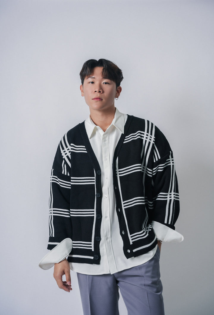 黑色橫格紋外套Checked Cardigan in Black- 韓國男裝