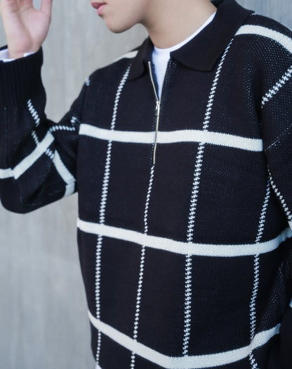 黑色格紋拉鍊上衣Check Zip Jumper in Black－韓國男裝