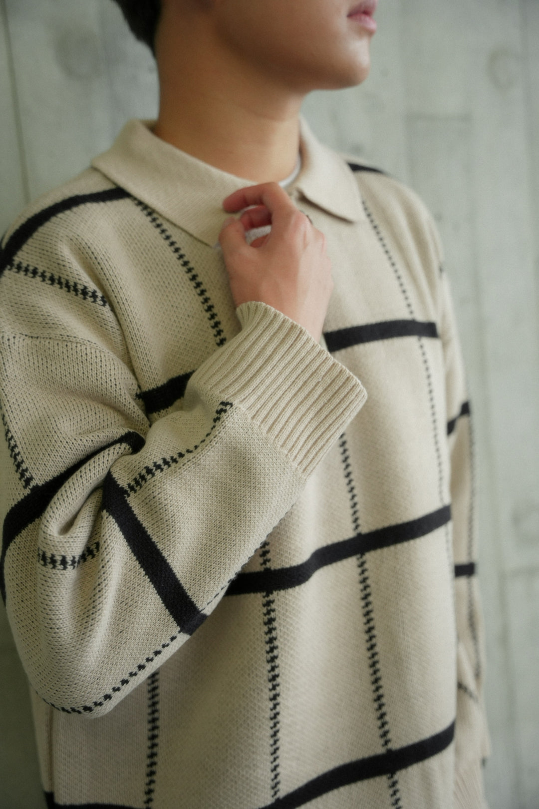 米色格紋拉鍊上衣Check Knit Jumper in Beige－韓國男裝