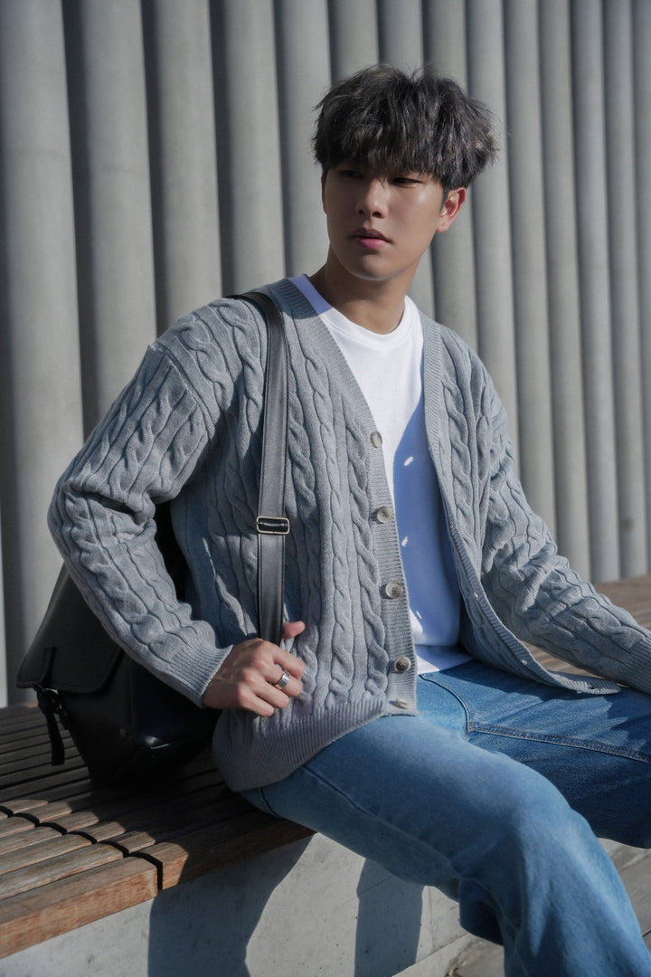 針織麻花外套Cable Knit Cardigan-韓國男裝外套