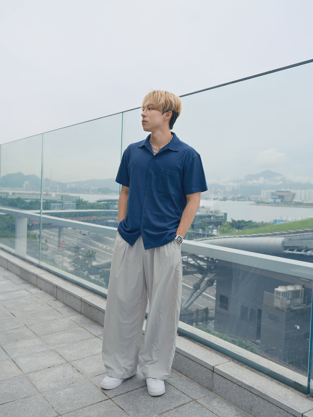 藍色短袖襯衫Blue Short Sleeves Shirt－韓國男裝