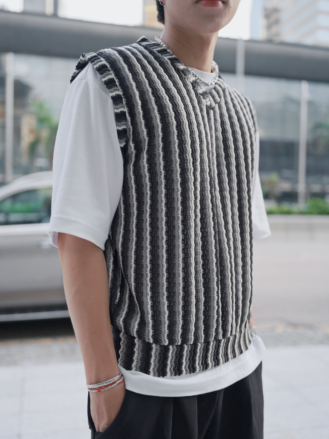 針織間條背心Striped Vest－韓國男裝