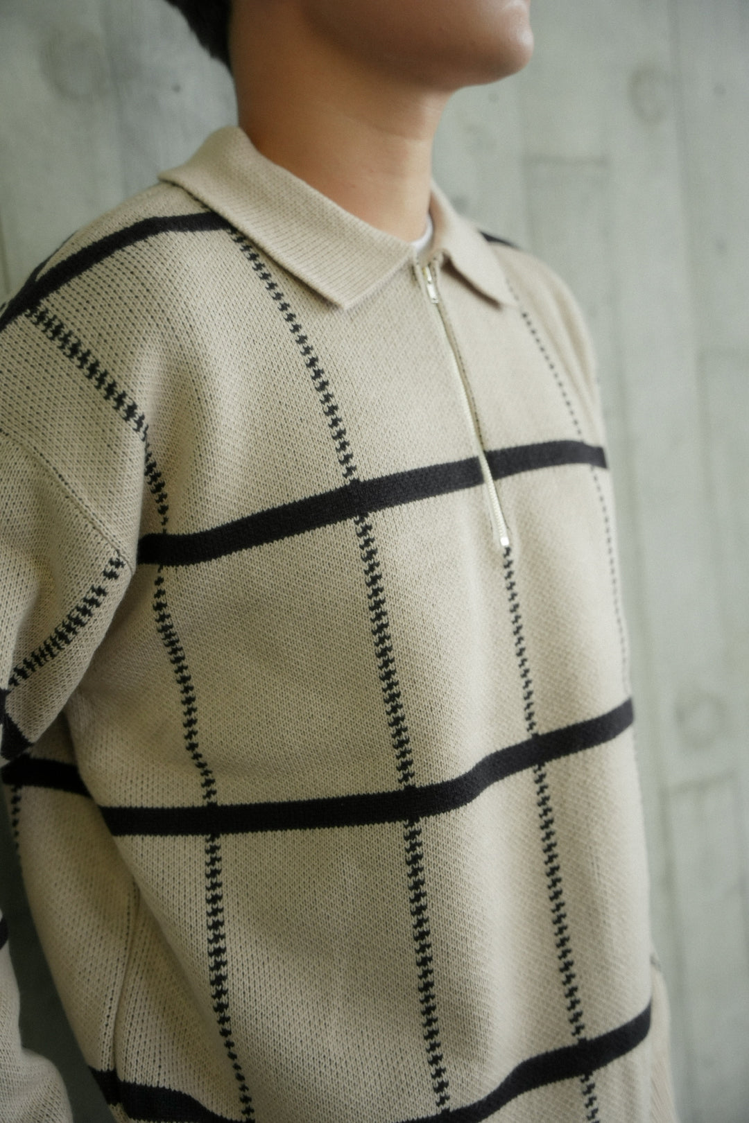 米色格紋拉鍊上衣Check Knit Jumper in Beige－韓國男裝