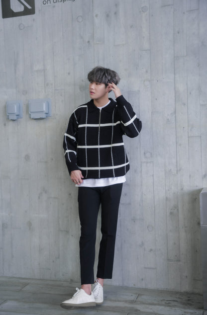 黑色格紋拉鍊上衣Check Zip Jumper in Black－韓國男裝