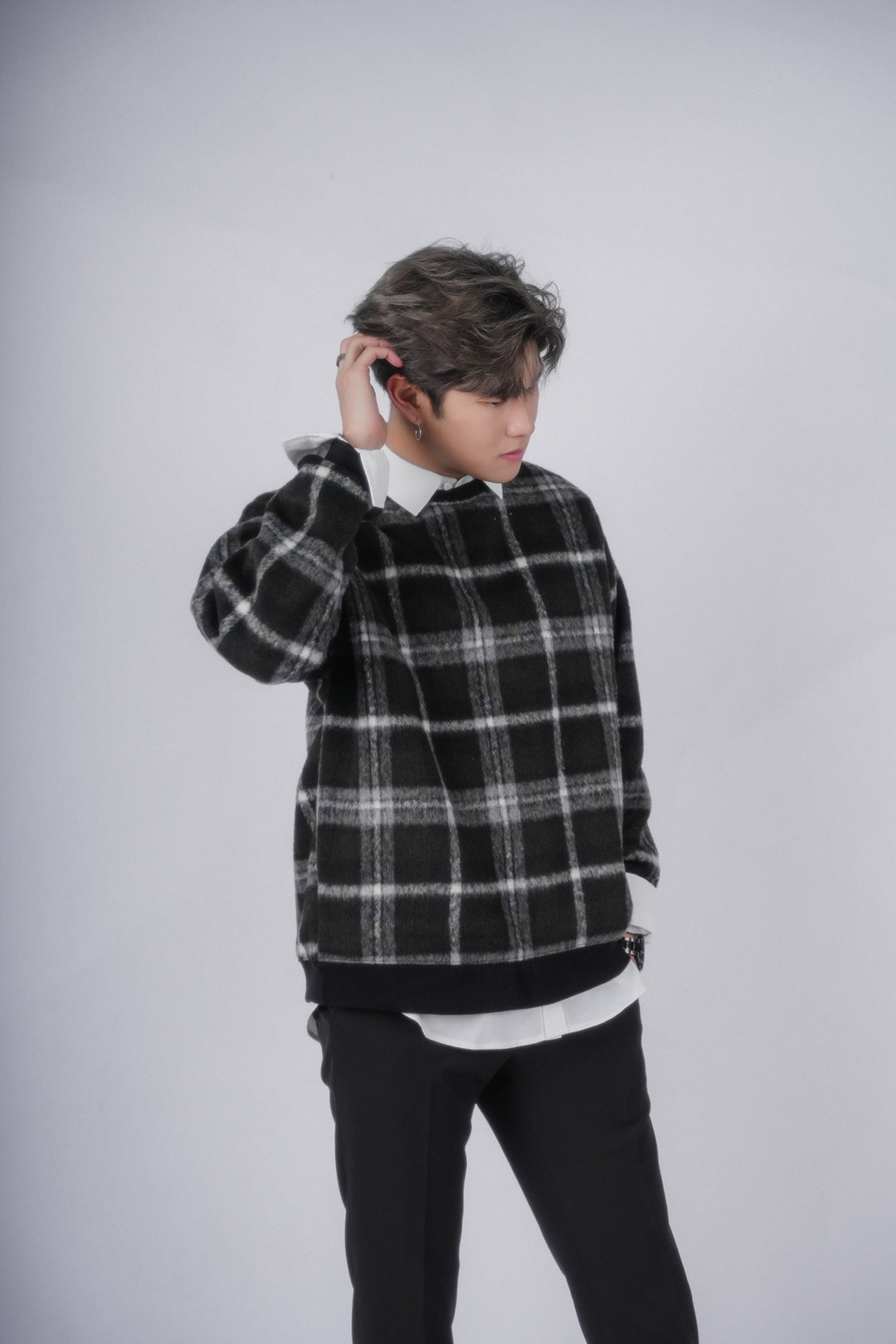 黑絨格仔上衣Checked Top In Black－韓國男裝