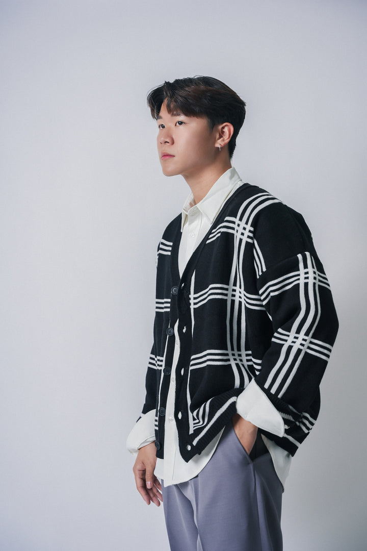 黑色橫格紋外套Checked Cardigan in Black- 韓國男裝