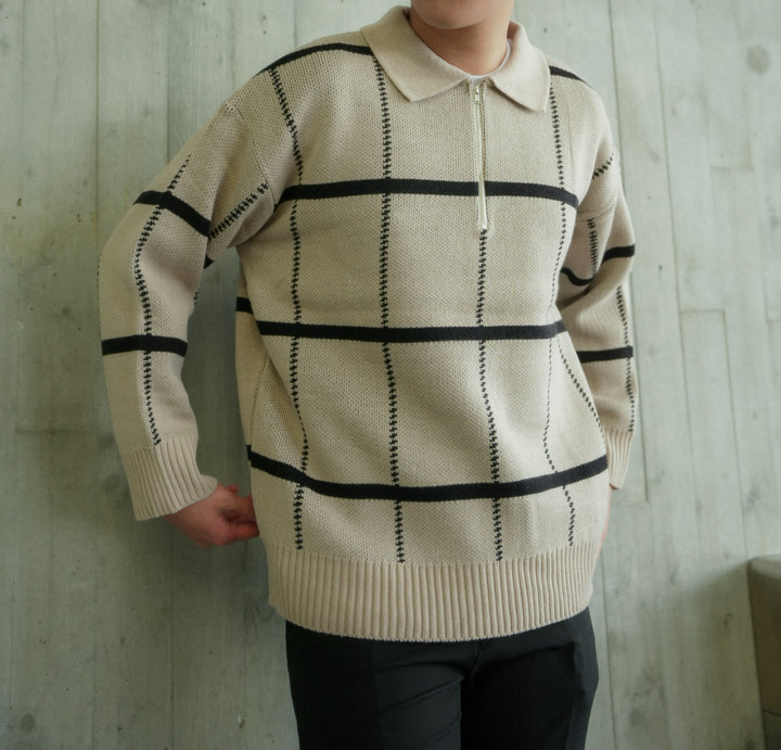 米色格紋拉鍊上衣Check Knit Jumper in Beige－韓國男裝