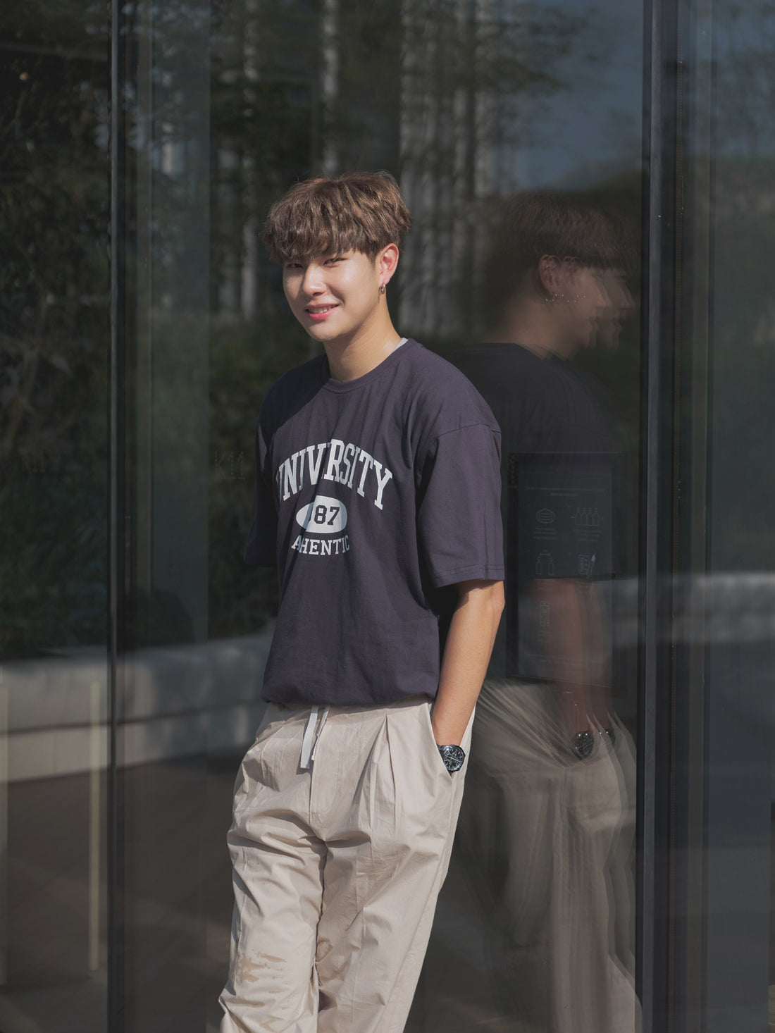 韓國男裝-軍藍短袖上衣Navy Print Tee