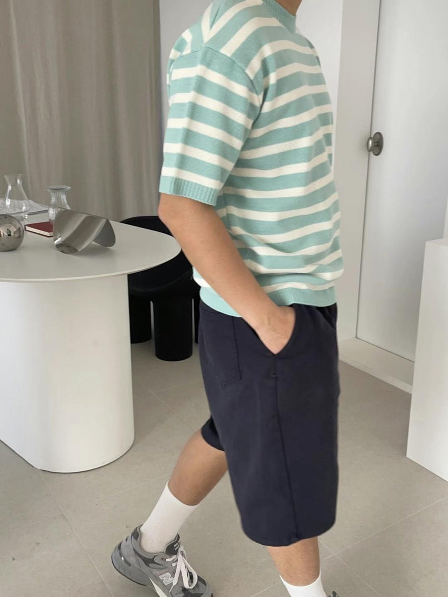 針織間條短袖上衣Stripe Knit Top - 韓國男裝