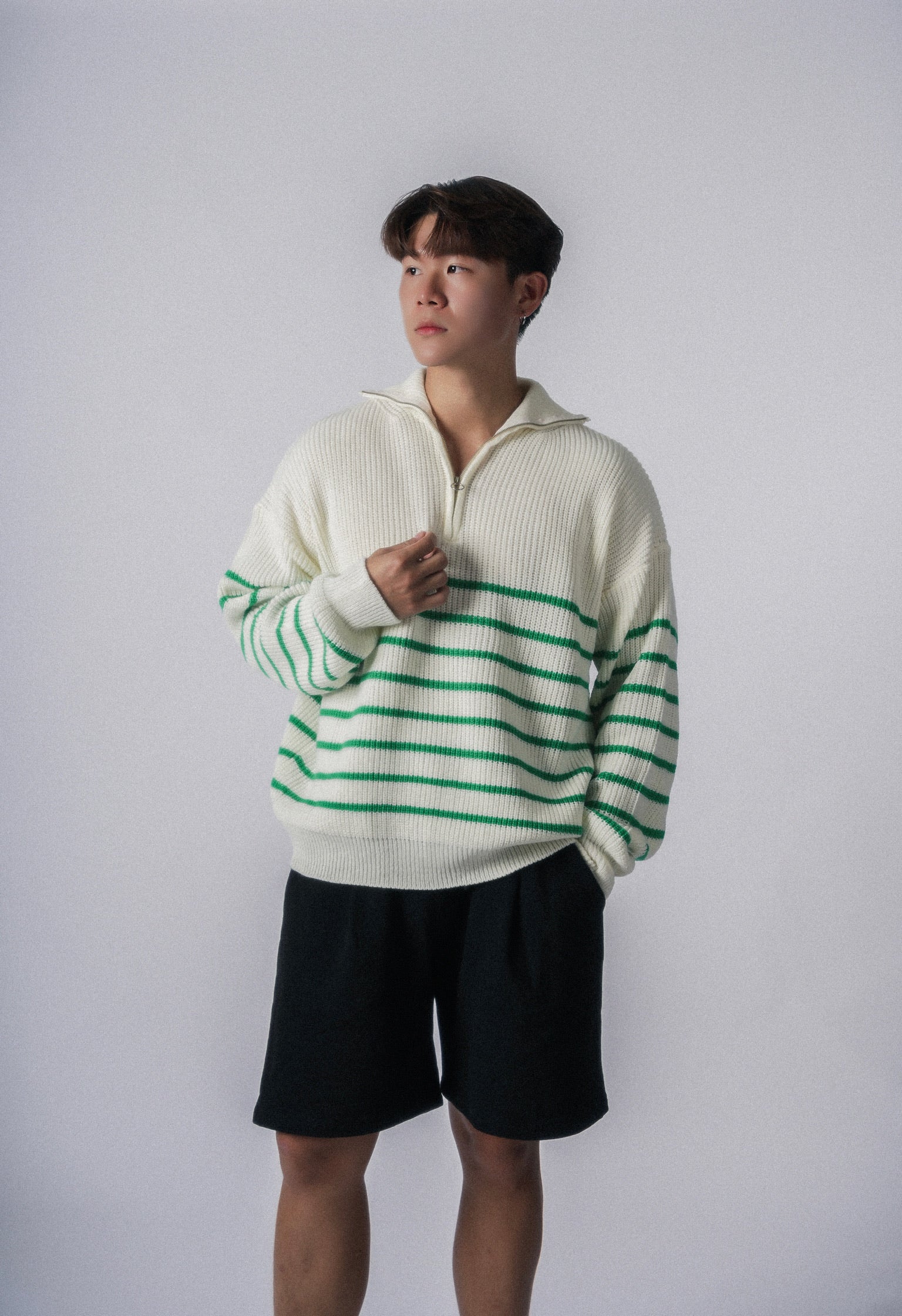 間條拉鍊領口毛衣－韓國男裝