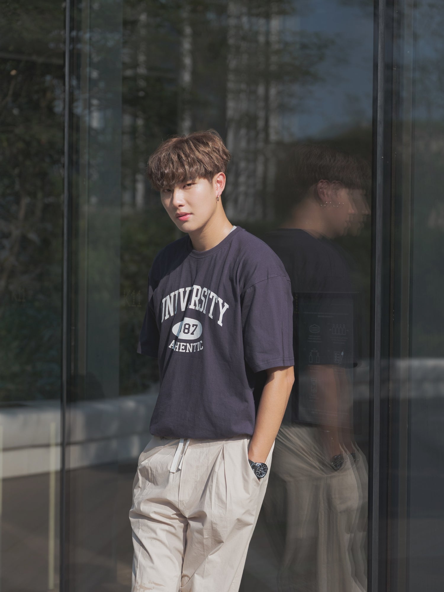 韓國男裝-軍藍短袖上衣Navy Print Tee