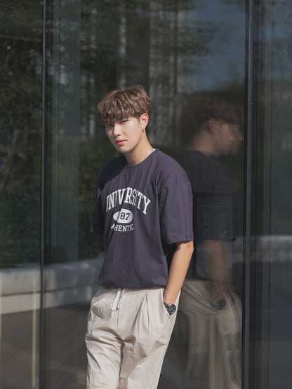 韓國男裝-軍藍短袖上衣Navy Print Tee